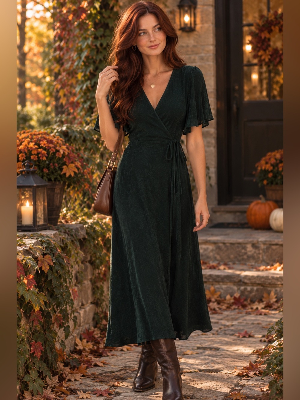 Classic Fall Cottagecore Casual Forest Green Wrap Midi Dress - Women’s Size L